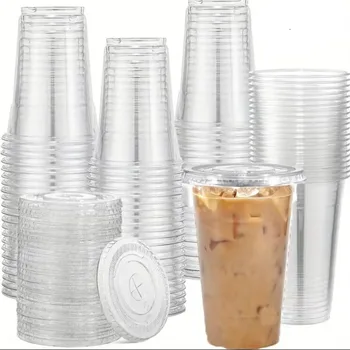 100GAB 16OZ Skaidrs, Plastmasas glāzes Dzīvoklis Vāki Vienreizējās lietošanas Glāzes Kausa Partiju Kāzu Ledus Kafijas Milkshakes Glāzes Bulk