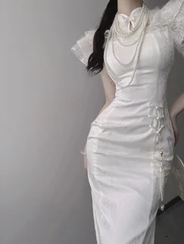 2023 Jaunais Ķīnas Valsts Cheongsam Balta Mežģīņu Kleita Elegantā Vintage Sieviešu Garās Kleitas, Kas Peld Ar Piedurknēm Sexy Qipao S2107
