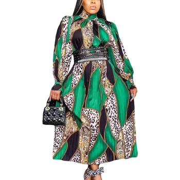 2023 Jaunas Liela Izmēra augstu uzrullētu apkakli Drēbes Vestidos Abaya Vintage Kopumā Drukāt garām piedurknēm augsta vidukļa kroku Āfrikas Sieviešu Kleita