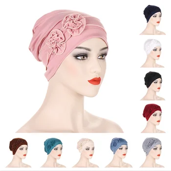 2023 Jaunas Mīkstās Stiept Kokvilnas Džersija Sunīti Hijab ar Diviem Ziediem Beanie Wrap Cepures Frizzy Kravu Satīna Klp Turbant Headcover