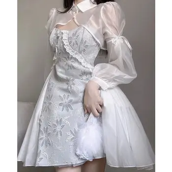 2023 Jaunu Vintage Sievietes Divas Gabals, Kas Luksusa Dizaineru Apģērbu Balta Caurspīdīga Šalle+Izšūti Ziedu Kleitu Sieviešu Kostīmi