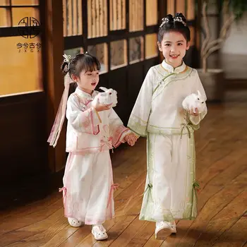 2023 Kawaii Bērnu Seno Tērpu Ķīniešu Stilā Stand Apkakli Trušu Iespiesti Loku Tang Uzvalks 2gab Meitenes Bērnu Dienas Dāvanu