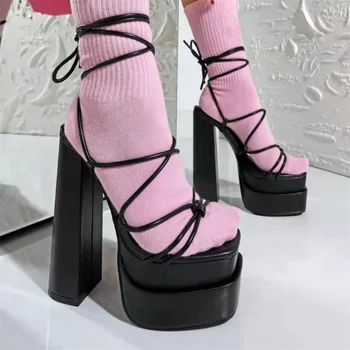 2023 Rudens/Ziemas Modes Sieviešu Augstās Chunky Platforma Apaļu Purngalu Pāri Saistošu augstpapēžu sandales Sexy Ūdensizturīgs cilnes