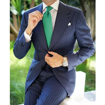 2023 Tumši Zila Vīriešu Uzvalki 2 Gabals Modes Vertikālas Svītras Maksimālā Custom Atloks Žakete un Bikses Biznesa Kāzu Slim Fit Vīriešu Uzvalks