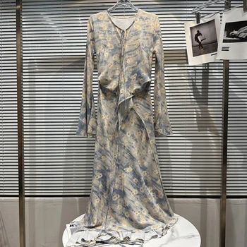 2023 vasaras jauna, Ķīniešu stila krizantēmu tintes saistošu dizainu uzliesmoja piedurknēm gara kleita