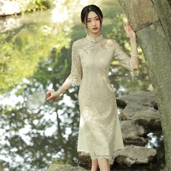2023 Vasaras Kompozītu Mežģīnes Cheongsam Elegants Aodai Tradicionāla Vjetnamas Ķīniešu Stilā Vakarā Tradicionālā Kleita Qipao Sievietēm