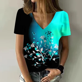 2023 vasaras Modes Sieviešu T-Krekli, Lielgabarīta Topi Ziedu Grafikas V Kakla Džemperis Streetwear Jauno Slīpumu Īsām Piedurknēm Tee Lad