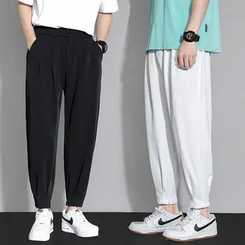 2023 Vīriešu Ikdienas Harēma Uzvalku Bikses Japāņu Stila Modes Vaļīgas Bikses Ledus Zīda Cietā Jaunatnes Bikses Streetwear Karstā Pārdošanas H109