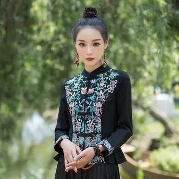 2023 ziedu izšuvumi kokvilnas veļa hanfu topi, sieviešu ķīnas retro blūze etniskā harajuku elegants vintage austrumu tang uzvalks