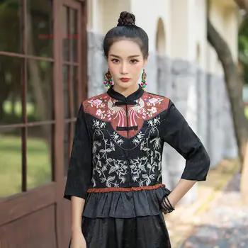 2023 ziedu izšuvumi retro piegarša žakete tradicionālā ķīniešu vintage topi, sieviešu hanfu jaka etnisko stilu stand apkakli blūze