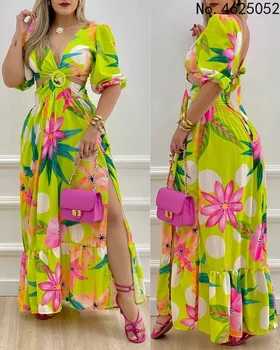 2023 Āfrikas Kleitas Sievietēm Vasaras Garo Maxi Kleita ar V-veida kakla Sexy Modes Drukāt Īsām Piedurknēm Kleita Āfrikas Apģērbi