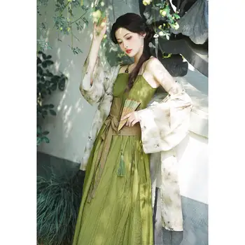 2023 ķīniešu stilā jaunā austrumu sieviešu zaļu ziedu austrumu stila linga kleita uzlabota, moderna dāma hanfu divas gabals kleita komplekts