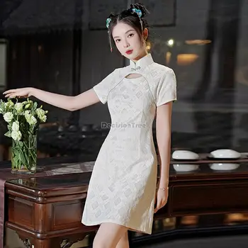 2023 ķīniešu tradicionālās hanfu meitene īsā qipao kleita sievietēm vintage uzlabota īsām piedurknēm dienas uzlabota cheongsam kleita