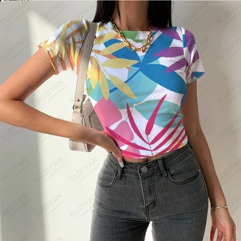 2023Women Vasaras Jaunā, Īsā Top Krāsains Lapu 3D Drukāšanas Īsām Piedurknēm T-krekls Sieviešu Apaļu Kakla Havaju Temperaments Sexy Top