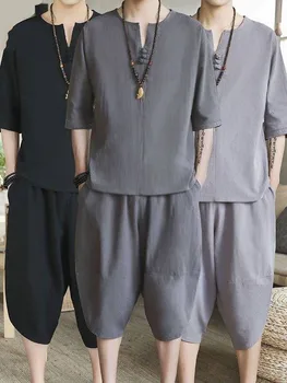 2GAB Retro Ķīniešu Tradicionālās Cilvēks Apģērbu Komplekts Lina Vasaras Pusi Piedurknēm V-veida kakla T-krekls Cietā Austrumu Kung Fu Tang Uzvalks