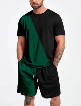 3D Iespiests T-krekls Tērpi, Apģērbi Vīriešiem tīrtoņa Krāsu Grafiskais Modes Apaļu Kakla Īsām Piedurknēm Dizainers Tracksuit Vīriešiem 2gab