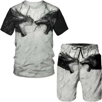3D Vilks Drukāt Sporta T-krekls, Šorti Vīriešu Apģērbu Uzvalks Vasaras Īsām Piedurknēm Modes 2-gabals, kas Vīriešu Ikdienas Elpojošs Iela