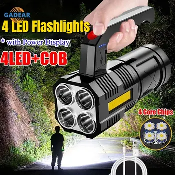 4 LED Zibspuldzes Rokas Laternas Spēcīgu Gaismas Ilgi-shot USB Lādējamu Iebūvēts Akumulators Portatīvo Āra Kempings Apgaismojums