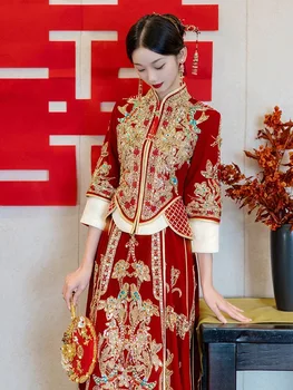 Austrumu Tradicionālā Velūra Vizuļi Frēzēšana Kāzu Kleitu Cheongsam Rafinēta Banketa Stilīgs, Elegants Līgava Grauzdiņš Apģērbi