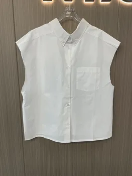 Bez piedurknēm, vestes brīvs krekls, atloks, viena krūšu dizaina gadījuma universāls modes 2023 vasaras karstā jauns