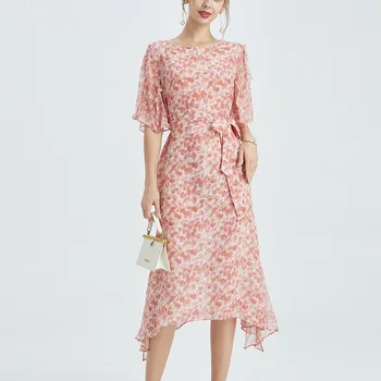 Birdsky, 1PC Sieviešu kleita ar īsām piedurknēm kleitas O kakla josta 100% reāla mulberry zīda drukāt zieds, S-503