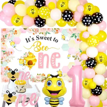 Bišu 1. Dzimšanas dienas Rotājumi, Bišu Balonu Vainags Komplekts Meitene, Tas ir Salds Bišu Viens Fons ar Bišu Banner Medus, 1. Grupa
