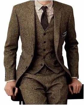 Brūna Tvīda Vīriešu Uzvalki 3 Gabali Formālas Biznesa Uzvalks Iestatīt Pielāgotas Maigu-Mens Līgavainis Kāzu Kleita, Žakete Kostīms(Jaka+Bikses+Veste)