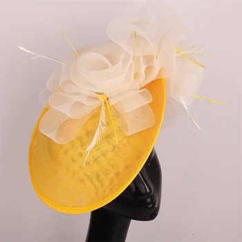 Burvīgs Dzeltena Fascinator Cepures Oficiālu Fedora Vāciņš Ar Sietu Ziedu Sievietes Derby Puse Kāzu Galvassegu Klp Matadatu Un Galvas Stīpa