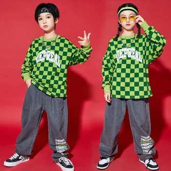 Bērniem Iela Tērpiem Hip Hop Apģērbu Zaļā Lielizmēra Sporta Krekls Džinsi Meitenēm Zēniem Pusaudžu Kpop Deju Tērpu, Skatuves Apģērbs