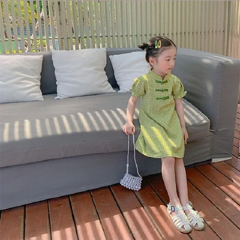 Bērniem Meitene Pleds Qipao Zaļā Kleita Oficiāli Ķīna Bērnu Drēbītes, Gudrs Toddler Bērniem Mūsdienu Cheongsam Ikdienas Vasaras Princese Kleitas