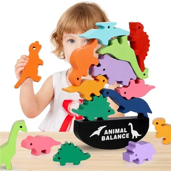 Bērniem, Montessori Koka Dzīvnieku Līdzsvara Blokus, Galda Spēles Rotaļu Dinozauru Izglītības Kraušanas Augsta Ēka Bloku Koka Rotaļlietas