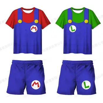 Bērnu Apģērbu Komplekti, Cosplay, Super Mario, T-krekli, Bikses, 2 Gab., Kostīmi Bērniem Zēnu un Meiteņu Topi Tee Mario Bros T-krekls, Bikses, Uzvalks
