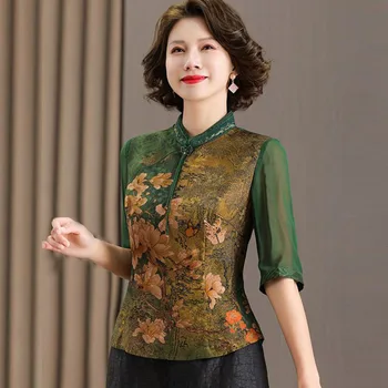 Cheongsam Sieviešu Plus Lieluma Galotnēm 2023 Vasaras Jaunā Modes Zīda Auduma Izdrukas Līmēšana Stand Apkakli Tradīciju Ķīniešu Stila Krekli
