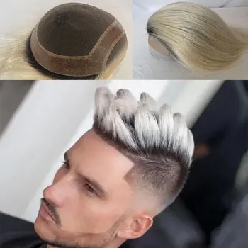 Cilvēku Mati Toupee Šveices Mežģīnes Priekšpusē Platinum Blonde Krāsu Hairpieces Izturīgs 8x10