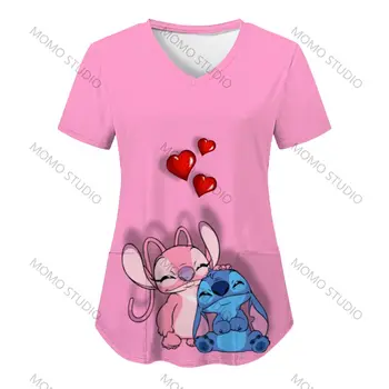 Disney Y2k Sieviete, T-krekli Slimnīcā V Kakla Vasarā Jaunu Valdziņu Māsa Vienādus T-krekla Kabatā Apģērbu Lilo & Stitch Vienotu Kabatas