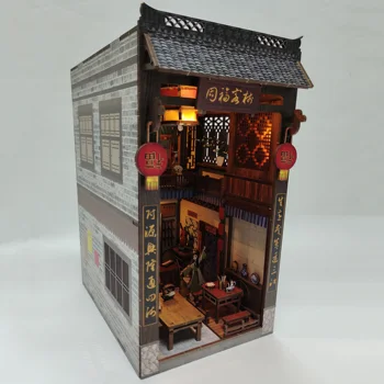 Diy Koka Grāmatu Nook Shelf Insert Komplekts Tongfu Inn Bookends Ar Led Gaismas Miniatūru Veidošanas Komplekti Plaukta Apdare Dāvanas