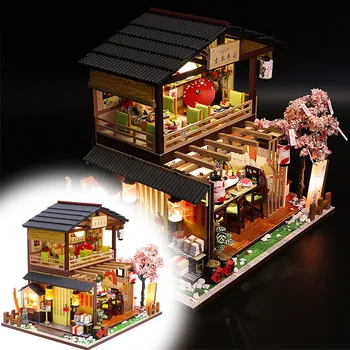Diy Namiņš Yoshimoto Suši Veikalā, Roku Darbs, Koka Ēkas Modeli, Māja Ar Mēbelēm Dminiature Leļļu Nami Rotaļlietas