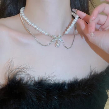 DREJEW Izsmalcinātu Pērļu Imitācijas Dubultā Sieviešu Kakla Ķēdes Bling Rhinestone Bowknot sānslīdi kaklasaite Kaklarota Draudzenei Dzimšanas dienas Dāvanu