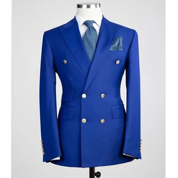 Dubultā Krūtīm, Slim fit Vīriešu Uzvalki, Kāzu Sasniedza Atloks 2 Gabals Royal Blue Oficiālu Līgavainis Uzvalku Cilvēks Komplekts Jaka ar Biksēm