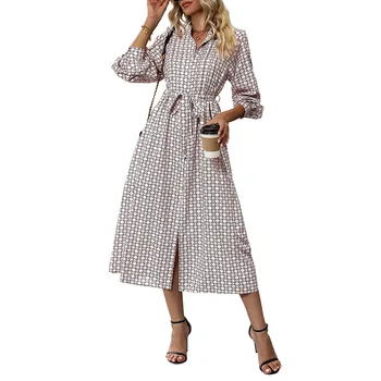 Elegants Birojs Kleita 2023 Jauno Rudens Modes Apģērbi Sievietēm ar garām Piedurknēm Drukāts Jaciņa Mežģīnes-up Midi Kleita