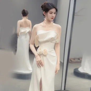 Elegants Caurule Top Balta Satīna Puse Kleita Sievietēm Augstas Sadalīt Kāzu Kleitas vestido de noiva