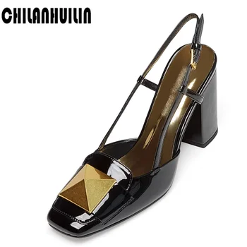 elegants metāla aizdare luksusa dizaineru sieviešu čības īstas ādas kvadrātveida kājām augstiem papēžiem slaidi vasaras sandales sieviešu apavu puse
