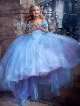 Elegants Zilā Pie Pleca Puķu Meitene Kleitas Princese Bumbu Kleita Pirmās Komūnijas Balli Modes 2023