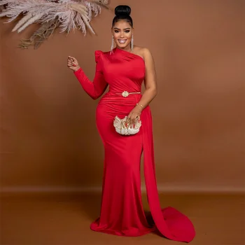 Elegants Āfrikas Kleitas Sievietēm Viena Pleca, Sexy Bodycon Kāzu Vakara Puse Slim Gara Kleita 2023 Āfrikas Apģērbu ar Jostu