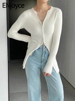 ENjoyce 2023 Rudens Sieviešu Korejas Modes Garu Šķēlumu Plānais Džemperis Dāmas Casual Slim Trikotāža Adīt Džemperi Topi, Mēteļi