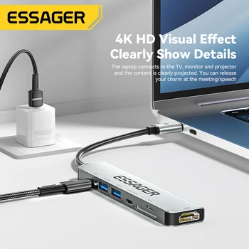 Essager 7 in 1 USB C Hub PD 78W USB 2.0 C Tipa HDMI-Saderīgo Klēpjdatoru Doka Stacijas Klēpjdatoru Macbook ātrgaitas Sadalītājs Kaste