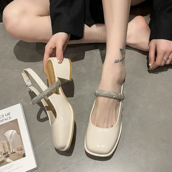 Franču rhinestone Mary Jane sandales sieviešu retro kvadrātveida purngalu, lakādas kurpes, bieza, papēdis sekla mutē vienu kurpju papēži