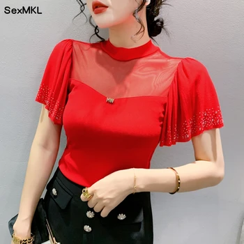 Gadījuma Vasaras Topi Sievietēm 2023 Modes Īsām Piedurknēm Ruffles Dobi Blusas Mujer Korejas Slim Drēbes Black Red Diamond Y2k Blūzes