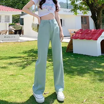 Gaiši Zaļš korejas Y2K Džinsi Sieviete Vasaras Cute Gadījuma Salds Plaša Kāju Džinsi Streetwear Bikses Dāmas Sieviete ar Augstu Vidukli, Džinsa Bikses