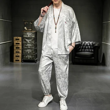 Hanfu Komplekts Vīriešiem Ķīniešu Stila Zīda Žakarda Jaka Vīriešu Samurai Apģērbs, Vīriešu Krekls, Bikses Kopa Vintage Tang Atbilstu Mūsdienu Modes